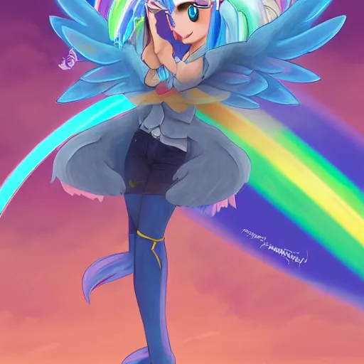 Prompt: portrait of a menacing beautiful Rainbow Dash, short muzz, pegasus pony mare, top half of body, My Little Pony, by Stanley Artgerm Lau , greg rutkowski, thomas kindkade, alphonse mucha, loish, norman rockwell, J. C. Leyendecker. bright rainbow mane, pastel blue fur, angry complexion, beautiful detailed eyes, black rose frame. D&D, fantasy. Trending on artstation rule of thirds extremely detailed old illustration hd 4k