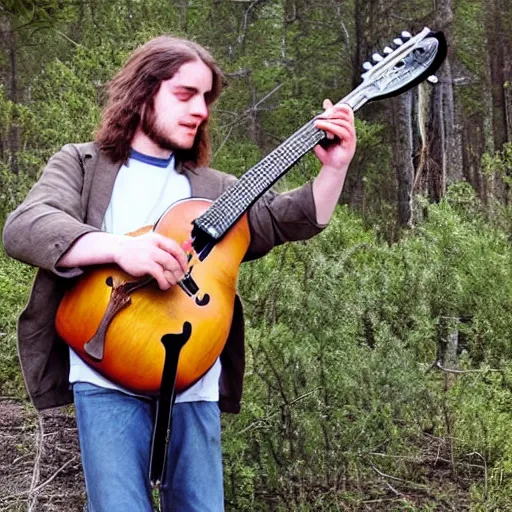 Image similar to a photo of a young man with long hair playing mandolin in the wilderness