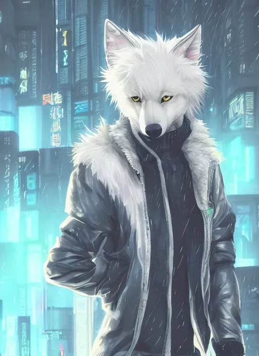 Image similar to character portrait of a male anthro albino wolf fursona with a tail and a cute beautiful attractive detailed furry face wearing stylish cyberpunk clothes in a cyberpunk city at night while it rains. hidari, color page, tankoban, 4K, tone mapping, Akihiko Yoshida. Nomax, Kenket, Rukis. comic book style, photorealistic, professional lighting, hyperdetailed, high resolution, high quality, dramatic, deviantart, artstation, 4k, real photo