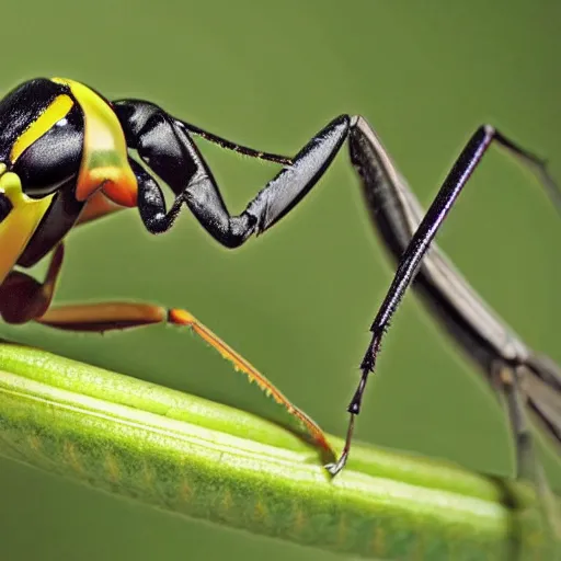 Image similar to wasp and praying mantis morphed together, half praying mantis and half wasp, praying mantis like proportions,