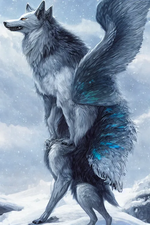 Image similar to azure wolf with wings, standing facing front, regal, elegant, winter, snow, moonlit, hd, illustration, epic, d & d, fantasy, intricate, elegant, highly detailed, digital painting, artstation, concept art, smooth, sharp focus, illustration, wallpaper, art by artgerm and greg rutkowski and alphonse mucha and jin xiaodi