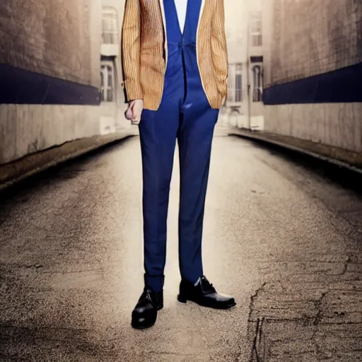 Prompt: male fashion model in year 2030 in Hamburg, model wearing a fancy suit from Italy in beige with blue striped s,dramatic lighting,photography , fashion magazine editorial , highly detailed