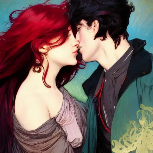 Prompt: a male with short black hair and a female with long red hair who are in love, verry high details, colorfull, by william turner art, by greg rutkowski, by alphonse mucha, by james jean, by rossdraws, by frank franzzeta, by sakimichan, trending on artstation, very very detailed, masterpiece,