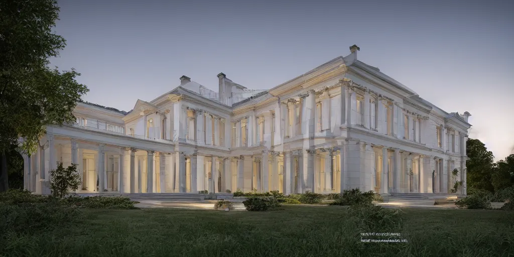 Prompt: 3d rendering of beautiful nature meets neo classical architecture concept of a residential house by Des Ewing Architects, volumetric lighting,, luxury, high detail, 14mm, cinematic photography, cg architects, featured in Open House magazine, high resolution