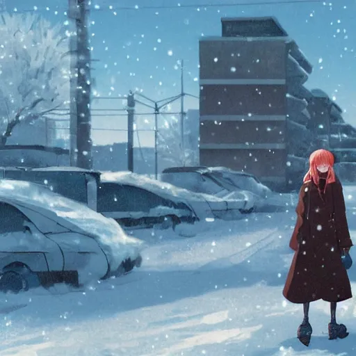 Image similar to anime woman in the winter in an abandoned soviet town, by Makoto Shinkai