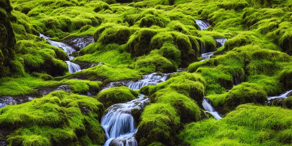 Prompt: photo of a landscape with lush forest nad flowers, wallpaper, very very wide shot, iceland, new zeeland, green flush moss, national geographic, award landscape photography, professional landscape photography, waterfall, stream of water, wisteria flowers, big sharp rock, ancient forest, primordial, sunny, day time, beautiful