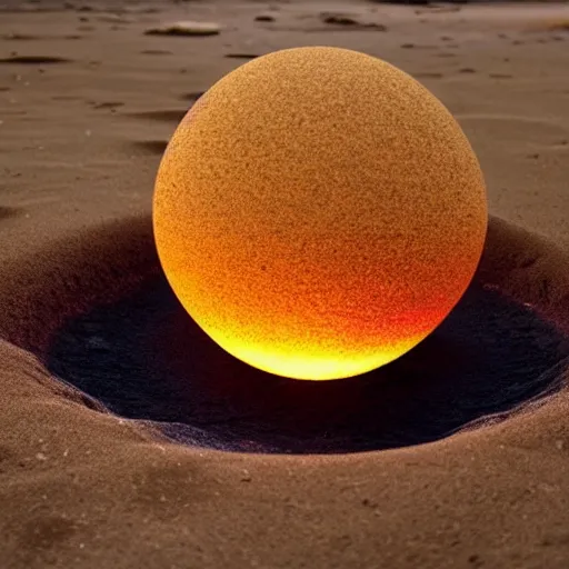Prompt: A sphere made of sand levitating over a big puddle filglowing lava