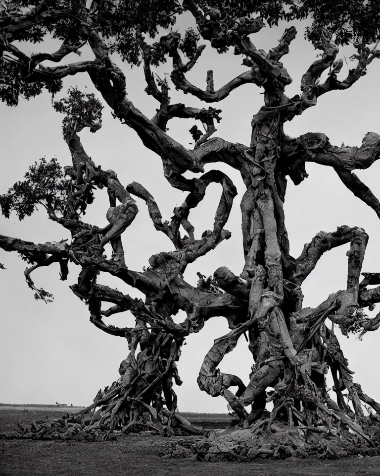 Image similar to A wretched mythical tree made of human flesh, limbs and bones.