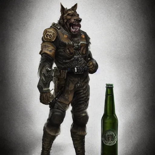 Image similar to a humanoid german shepherd beast - man in military style, holding a bottle of beer, artstation, concept art, smooth, sharp foccus ilustration, artstation