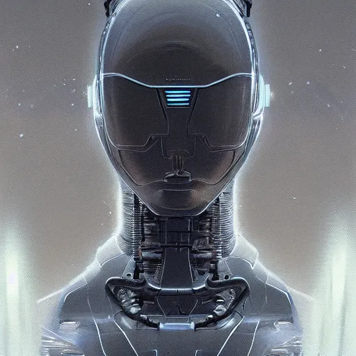 Image similar to detailed character concept art portrait of a detailed and hi - tech robot in an empty chamber, artstation, award - winning realistic sci - fi concept art by greg rutkowski and yoshitaka amano, in the style of moebius, realism masterpiece.