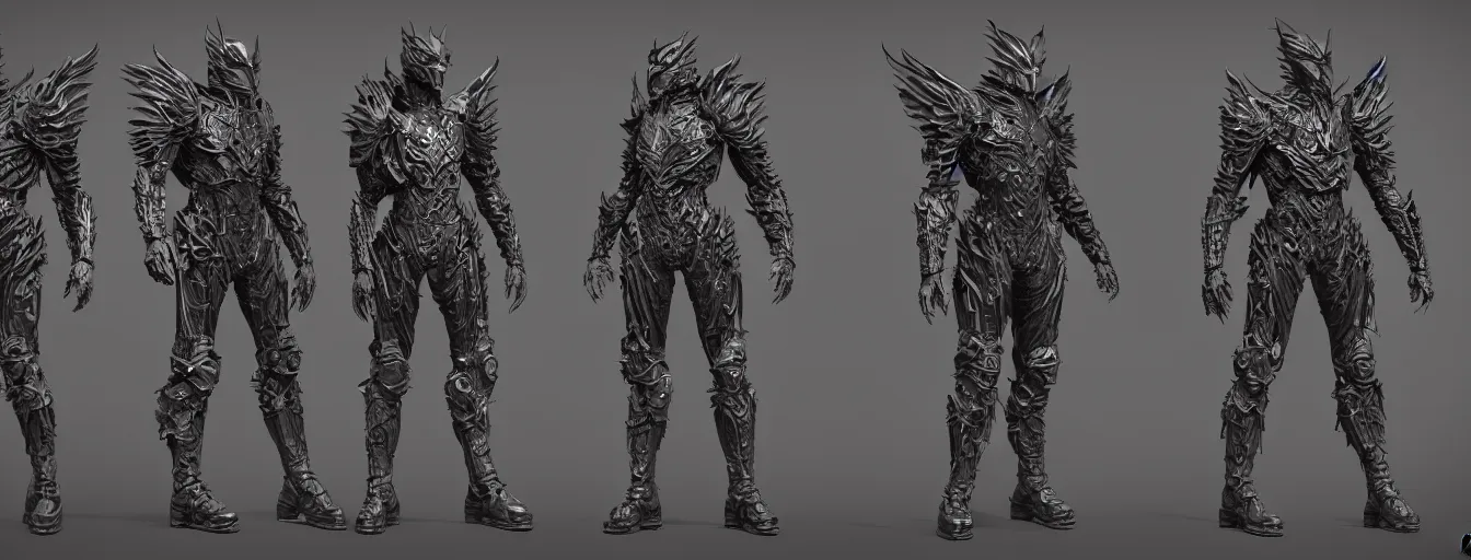 Image similar to winged infernal batwing armor suit humanoid character sheet, elden ring themed dark sf, intricate artwork masterpiece, ominous, dramatic horror cinematic lighting, volumetric 8 k, by josan gonzalez, alexey egorov, kilian eng, trending on cgsociety, octane render, 8 k