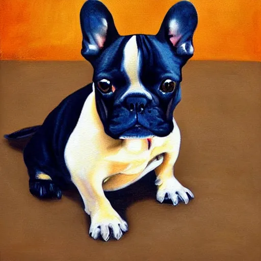 Image similar to french bulldog painting in the style of mona lisa