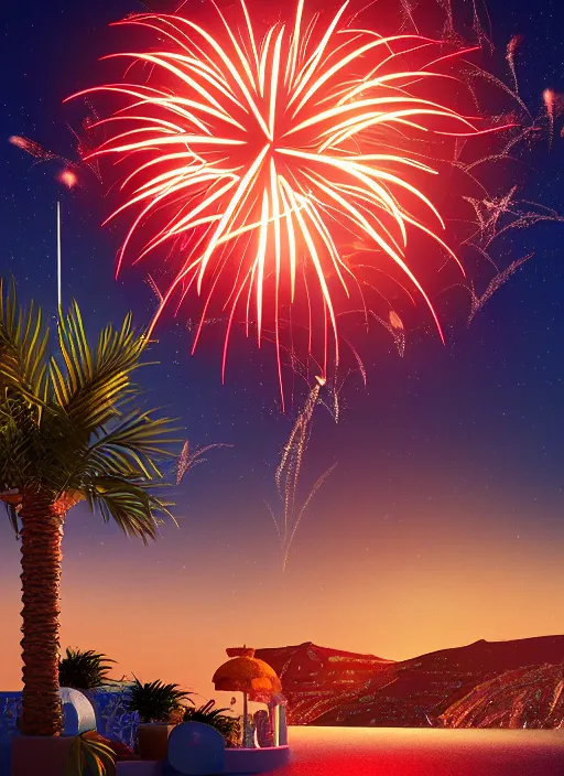 Image similar to 🌟🌜fireworks, Art Deco, in SANTORINI island, palm trees, crystal clear neon water, starry night, Trending artstation, octane render, cgsociety, surrealist, cinematic, shadow of the tomb rider