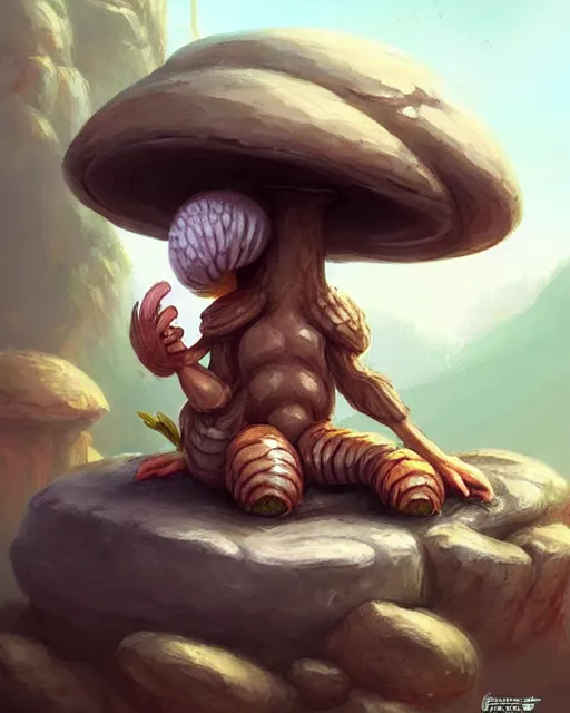 Prompt: concept art of a mushroom creature, wearing tight clothes made of rocks, sitting on a rock in a cave | | cute - fine - fine details by stanley artgerm lau, wlop, rossdraws, and sakimichan, trending on artstation, brush strokes