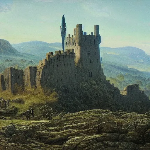 Image similar to a beautiful painting of a castle in a war landscape by Caspar David Friedrich, Trending on artstation