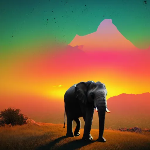 Image similar to a heroic elephant watching yesterday's sunset over the mountains in the style of synthwave, digital art, 4k