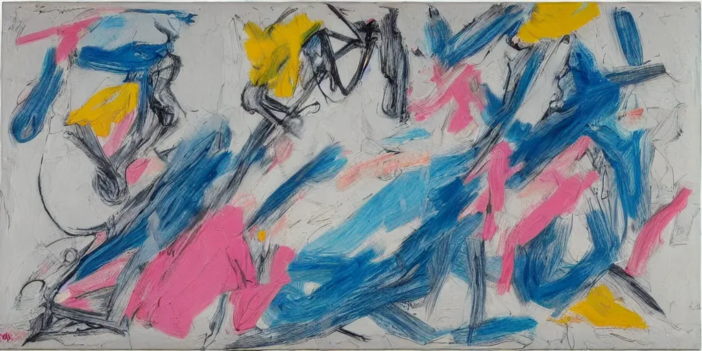 Prompt: de kooning thin scribble on white canvas, blue and pink shift, ( ( ( sketch ) ) ), drawn by yves tanguy, oil on canvas, thick impasto