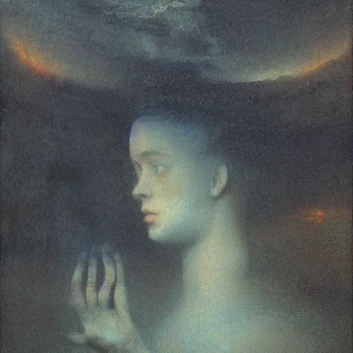 Image similar to a young woman in cyberspace, photoreal, atmospheric, by william turner, beksinski, caspar david friedrich, oil painting, romantism, realism, limited palette