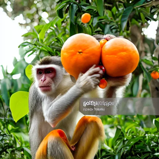 Image similar to a press photography of a monkey harvesting oranges in florida photography, iso 1 0 0, report, press photo