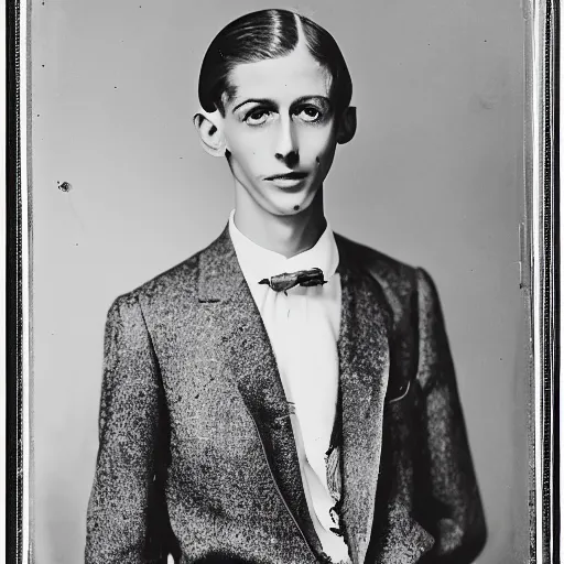 Prompt: 1930s portrait of a young anorexic man with shoulder length hair and extravagant clothes