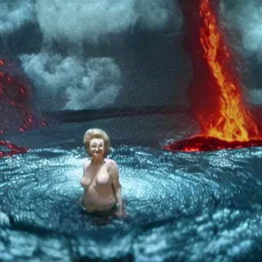 Image similar to stunning awe inspiring betty white swimming in lava with demons, movie still 8 k hdr atmospheric lighting