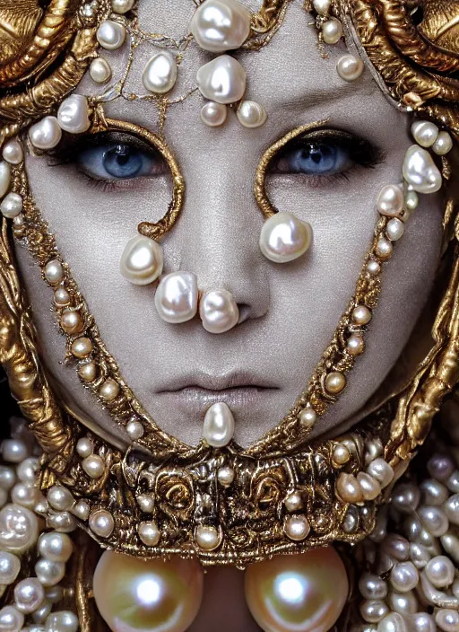 Image similar to hyperrealism, detailed textures, award winning autochrome photo, symetrical alien pearl medusa queen autochrome pearl portrait, pearl silverplate, intricate, detailed facial pearl animal mask, pearl, golden jewelery, silverplate, ultra realistic, cinematic, intricate, cinematic light by steve mccurry, unreal engine 8 k