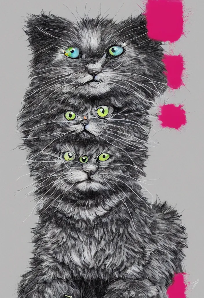 Image similar to fluffy cat with an afro comb t - shirt design, by jules julien, alex yanes, dark grisaille monochrome neon spraypaint, ironic surrealism, hypebeast