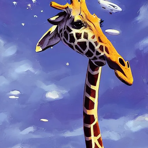 Image similar to a giraffe dressed like an astronaut floating in the space, trending on artstation, art by greg manchess, guangjian, detailed digital art, artstation hd