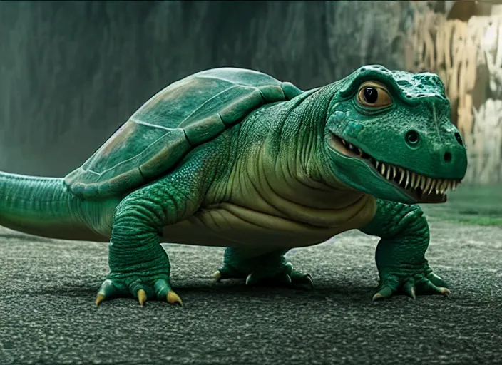 Image similar to film still of real life dinosaur turtle yoshi in the new sci - fi movie, 8 k