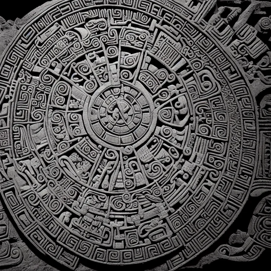 Prompt: wide angle shot mayan calendar stone carvings intricate elegant highly detailed centered digital painting artstation concept art