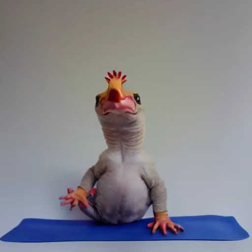 Image similar to A realistic baby Chiken doing yoga, photorealistic,