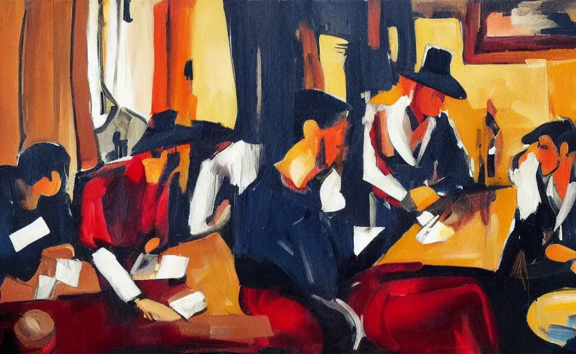 Image similar to oil painting in the style of john craxton sailors in the shadows of a pub. playing cards. brush marks. strong lighting. holding cigerettes. smoking. bar. seated figure hands on table. strong expressions on faces. cheekbones. aesthetics to ivon hitchins. line drawing on painting,