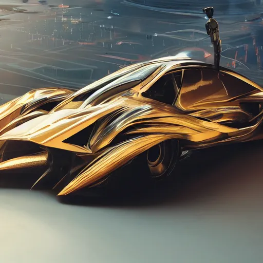 Image similar to car : motherboard forms designed by zaha hadid, a bit of graffiti forms sci-fi futuristic ultra realistic photography, keyshot render, octane render, unreal engine 5 render, high oiled liquid glossy specularity reflections, ultra detailed, golden hour, dramatic lighting 4k, 8k, 16k in the style ofblade runner 2049 Cyberpunk 2077 ghost in the shell thor 2 marvel film : tilt shift: sharp focus