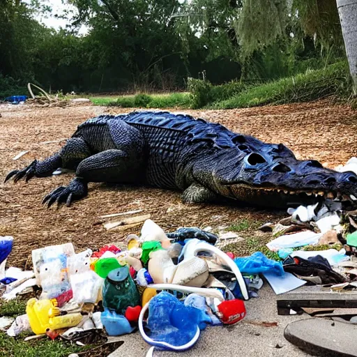 Image similar to one large alligator on a leash sleeping next to a very large mound of trash, papers, junk, and metal parts in a suburban yard