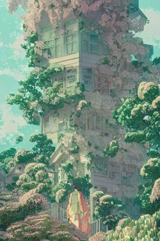 Image similar to a beautiful hyperdetailed matte illustration victo ngai style of absolutely beautiful blooming flower house alone, perfectly shaded, atmospheric lighting, style of studio ghibli, makoto shinkai, raphael lacoste, louis comfort tiffany, artgerm, james jean, ross tran, chinese style