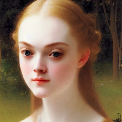 Image similar to A masterpiece head and shoulders portrait of Elle Fanning in front of a nightly bonfire by William Adolphe Bouguereau and Junji Ito