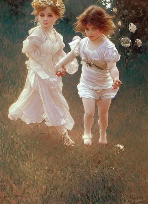 Prompt: a cute little girl with a round cherubic face, blue eyes, and short wavy light brown hair holding hands with her brother and running. beautiful painting by artgerm and greg rutkowski and alphonse mucha