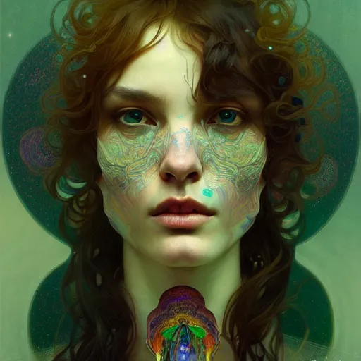 Prompt: An extremely psychedelic portrait, surreal, mushrooms, face, detailed, intricate, elegant, lithe, highly detailed, digital painting, artstation, concept art, smooth, sharp focus, illustration, art by Krenz Cushart and Artem Demura and alphonse mucha