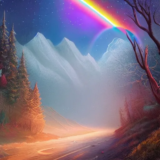 Image similar to Futurescape, rainbows, unicorns, highly detailed landscape art, 8k, 4k, trending on CGSOCIETY :: by Dan Mumford