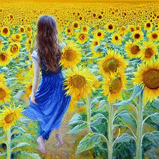 Image similar to a girl slowly walking through amazing tall sunflower field, her hair flowing down, subtle, intricate details, real masterpiece, oil on canvas, by somsak anong