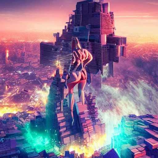 Image similar to a giant woman destroying a city, in the style of Beeple, 4k,