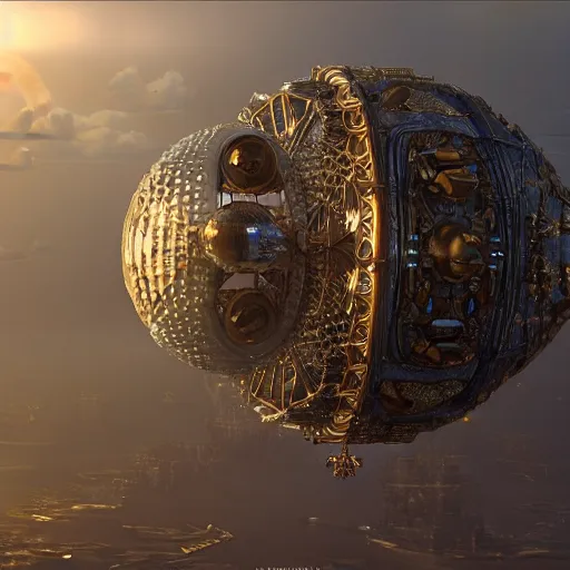 Image similar to enormous flying city in a faberge egg, sky, steampunk, fantasy art, masterpiece, unreal engine