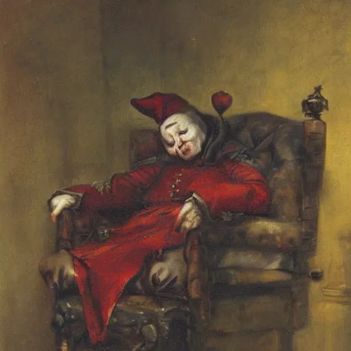 Image similar to a jester slumped over in an armchair, dark lighting, oil painting, by jan matejko