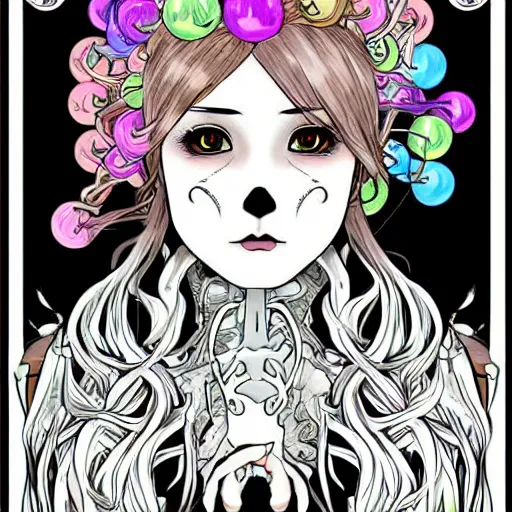 Image similar to manga skull portrait female girl with balloons profile skeleton illustration detailed style by Alphonse Mucha disney pop art nouveau