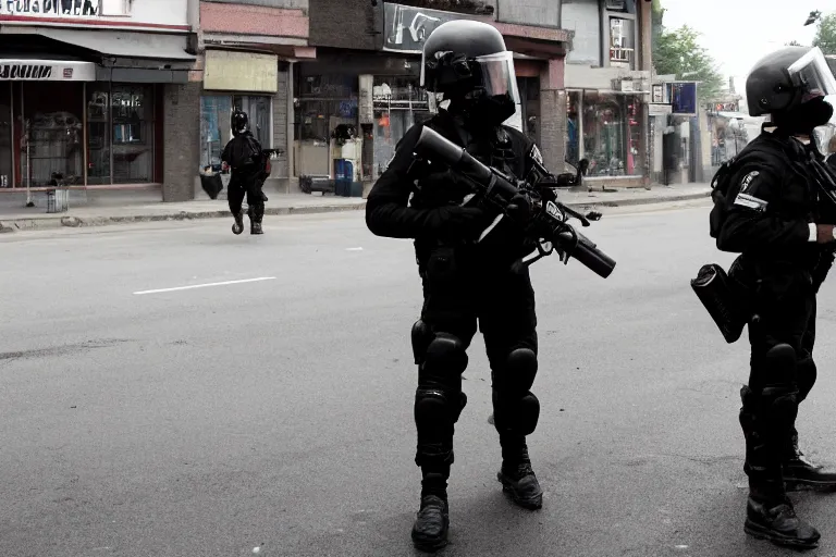 Image similar to cinematography riot police on the street in small town by Emmanuel Lubezki