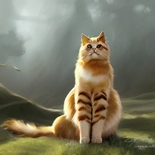 Prompt: landscapes full of beautiful cat, golden hours, elden ring style, trending on art Station