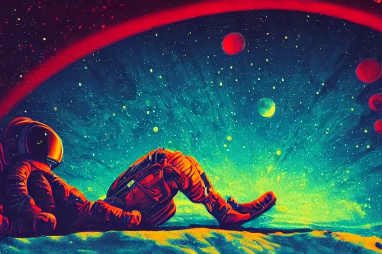 Image similar to an astronaut laying on mars in the style of flooko, acrylic art, detailed, moonlight, red lighting, bokeh, synthwave, psychedelic, glitch, neon,