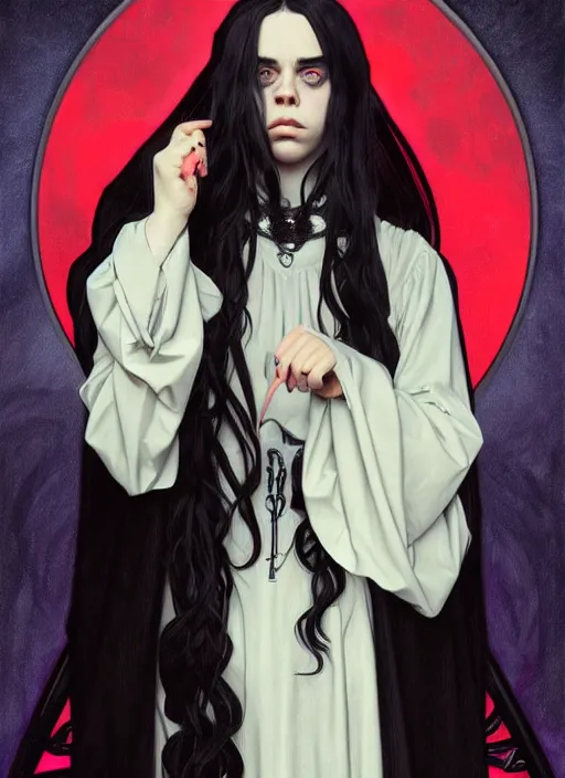 Image similar to Billie Eilish with two demon horns, noir, highly detailed, digital painting, artstation, concept art, sharp focus, illustration, art by Alphonse Mucha and Ian Sprigger and Edmund Bliar Leighton