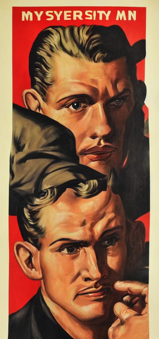 Image similar to portrait mistery man, 1940s propaganda poster, full hd,highly detailed