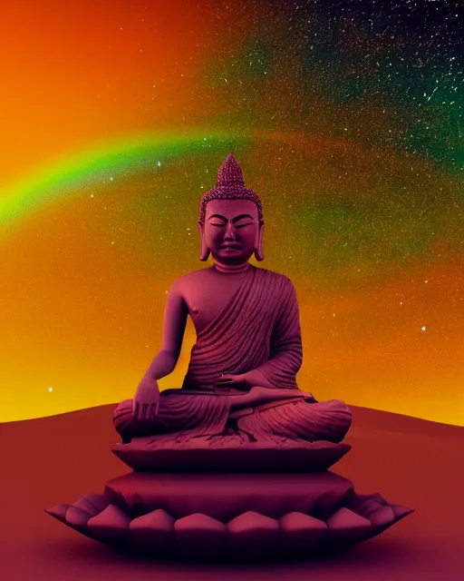 Image similar to the most beautiful sunset, giant pink full moon, a sky full of stars aticama desert chile, a buddha with a golden dorje above his head, coherent design, symmetrical, concept art, vivid color, complementary color, golden ratio, detailed, sharp lines, intricate, rainbowshift, by mc escher, octane render